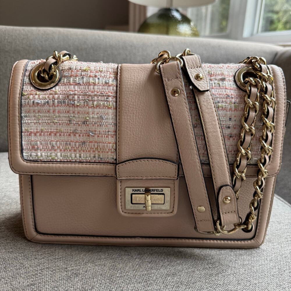 Karl Lagerfeld Beige Tweed Details Shoulder Crossbody Bag Purse - Picture 2 of 12